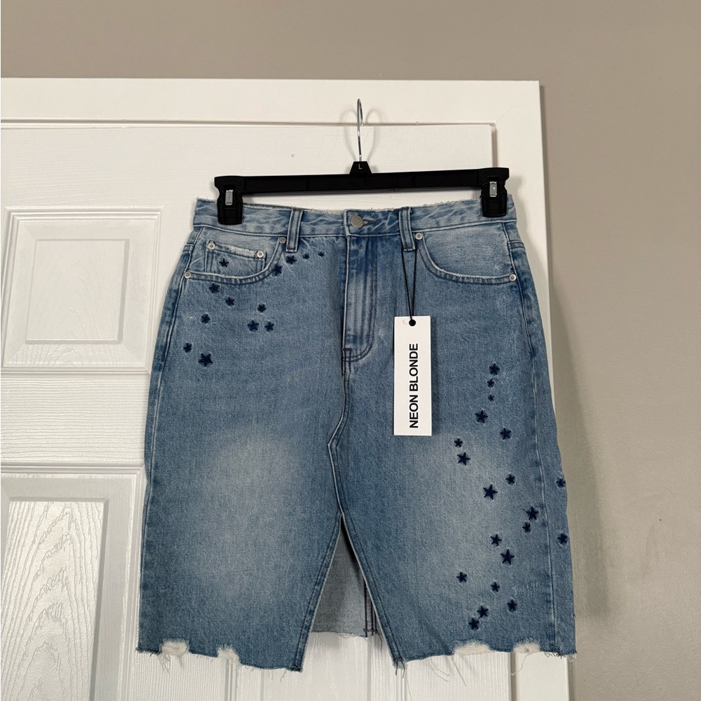 Neon Blonde Denim Skirt Star Details Distressed Hem NWT Festival Coachella